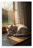 Serene Cat Napping in Sunbeam Windowsill Realistic 12x18 US Made Poster