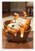 Funny Orange Cat Sleeping Upside Down in Basket Cartoon 12x18 US Made Poster