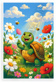 Cheerful Turtle in Sunny Flower Meadow Whimsical 12x18 US Made Poster