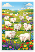 Cute Cartoon Lambs Grazing Flower Meadow Pasture 12x18 US Made Poster