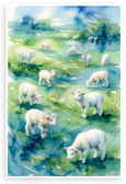 Cute Lambs Grazing Dreamy Pasture Watercolor 12x18 US Made Poster