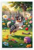 Miniature American Shepherd Playing in Sunny Backyard Whimsical 12x18 US Made Poster