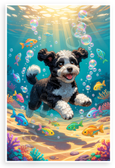Portuguese Water Dog Swimming with Fish and Bubbles Whimsical 12x18 US Made Poster