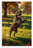 Staffordshire Bull Terrier Playing with Tennis Ball Autumn Park 12x18 US Made Poster