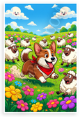 Playful Corgi Herding Sheep Vibrant Cartoon 12x18 US Made Poster