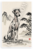 Chinese Crested Dog Chinese Ink Brush Painting Mountains Pine Trees 12x18 US Made Poster