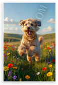Playful Soft Coated Wheaten Terrier Frolicking in Wildflower Field 12x18 US Made Poster
