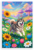 Playful Alaskan Malamute in Whimsical Flower Meadow 12x18 US Made Poster