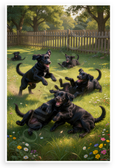 Playful Flat-Coated Retriever Puppies Tumbling in Grassy Yard Wildlife 12x18 US Made Poster