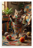 Playful Brown Tabby Cat Entangled in Colorful Yarn Whimsical 12x18 US Made Poster