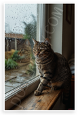 Brown Tabby Cat Watching Rainy Window Nature Cozy 12x18 US Made Poster