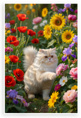 Playful Persian Cat in Vibrant Flower Garden Wildlife 12x18 US Made Poster