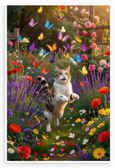 Calico Cat Chasing Butterflies Vibrant Garden 12x18 US Made Poster