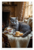 British Shorthair Cat Tea Time Cozy Fireside Scene 12x18 US Made Poster