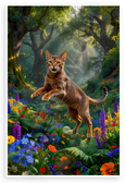 Abyssinian Cat Leaping Forest Flowers Wildlife Fantasy 12x18 US Made Poster