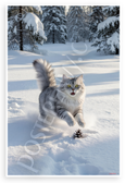 Playful Siberian Cat Leaping Snowy Forest Wildlife 12x18 US Made Poster