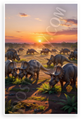 Triceratops Herd Grazing at Sunset Prehistoric Wildlife 12x18 US Made Poster