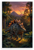 Stegosaurus in Jurassic Forest with Volcanoes Sunset 12x18 US Made Poster