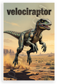 Velociraptor Dinosaur Leaping Desert Landscape Illustration 12x18 US Made Poster