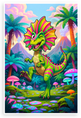 Playful Cartoon Dilophosaurus in Prehistoric Jungle 12x18 US Made Poster