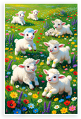 Cute Playful Lambs Frolicking in Wildflower Meadow 12x18 US Made Poster