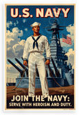 US Navy Join the Navy Serve with Heroism and Duty Vintage Recruitment 12x18 US Made Poster