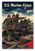 U.S. Marine Corps Vintage Combat Marines Woodblock Print 12x18 US Made Poster