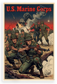 U.S. Marine Corps Vintage Combat Marines Woodblock Print 12x18 US Made Poster