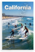 California Surfers Riding Ocean Waves Beach Scene 12x18 US Made Poster