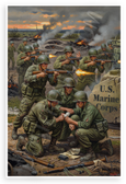 U.S. Marine Corps Iwo Jima Style Battle Scene Vintage Oil Painting 12x18 US Made Poster