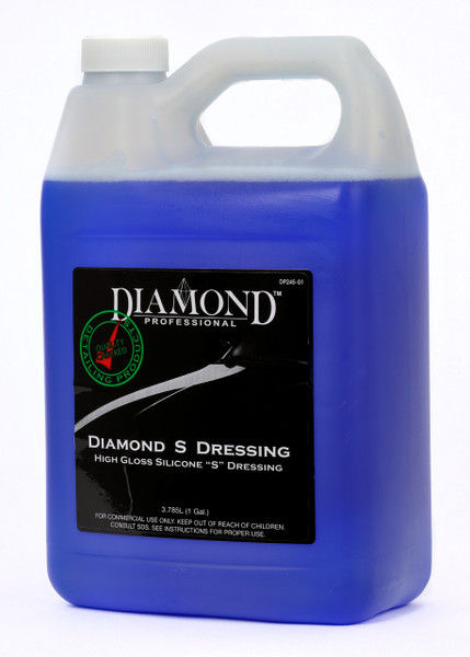 Diamond S Dressing is a blue long-lasting silicone dressing that produces an even, high gloss appearance. Diamond S Dressing is safe for use on vinyl, rubber, hard and soft plastic trim panels for both interior and exterior surfaces. It helps protect and restore original pliability to all vinyl and rubber surfaces, and leaves a long lasting, just-detailed appearance.