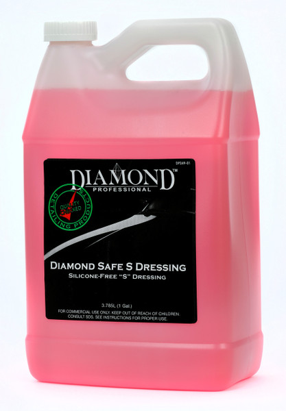 Diamond Safe S Dressing is a body shop safe, purple, non-silicone medium to high gloss dressing that works well on rubber and trim surfaces, such as tires, moldings and mud flaps. It is a no-touch, easy to apply self-leveling dressing. Diamond Safe S Dressing is a versatile product and can be applied by spraying, brushing or using a sponge applicator on the desired surface. It is a no-touch, long-lasting, silicone-free exterior dressing that performs remarkably well and is a great solution for paint shops concerned about silicone contaminants.