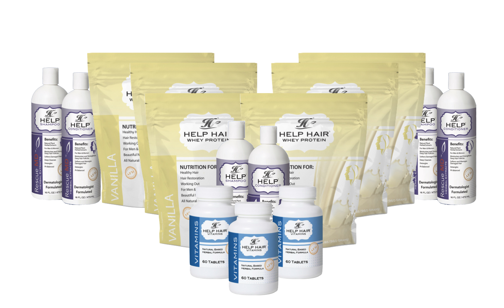 Rescue MD™ Jumbo Pack- includes 6 Help Hair Shakes (30 serving pouch-  choose any flavors), 3 Help Hair Vitamins bottles (total 180 tabs), 3 Help®  Shampoo(16 ounces/bottle), and 3 Help® Conditioner(16 ounces/bottle).
