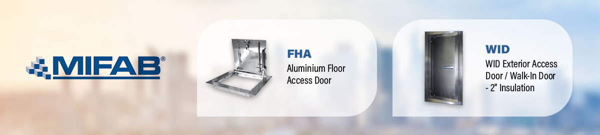 Mifab brand logo featuring aluminum floor access door and WID exterior access door/walk-in door - 2