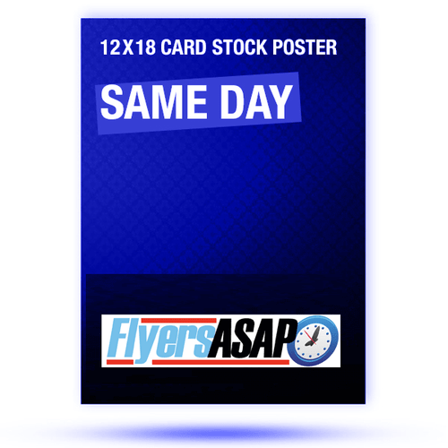Our 12" x 18" same day posters are printed on 12 point card stock. Comparable to 110lb gloss cover stock. Printed on the Indigo 7500 digital printing press in Atlanta. 