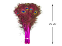 50 Pieces - 20-25" Hot Pink Dyed Over Natural Long Peacock Tail Eye Wholesale Feathers (Bulk)