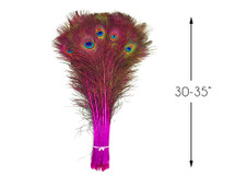 50 Pieces - 30-35" Hot Pink Dyed Over Natural Long Peacock Tail Eye Wholesale Feathers (Bulk)