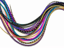 12 Strands - Candy Mix Thin Long Grizzly Rooster Feathers