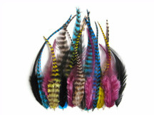2 Dozen - Short Pixie Mix Grizzly Whiting Farm Rooster Saddle Hair Extension Feathers