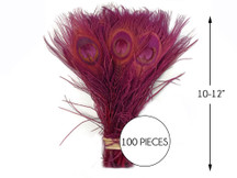 100 Pieces – Burgundy Bleached & Dyed Peacock Tail Eye Wholesale Feathers (Bulk) 10-12” Long 