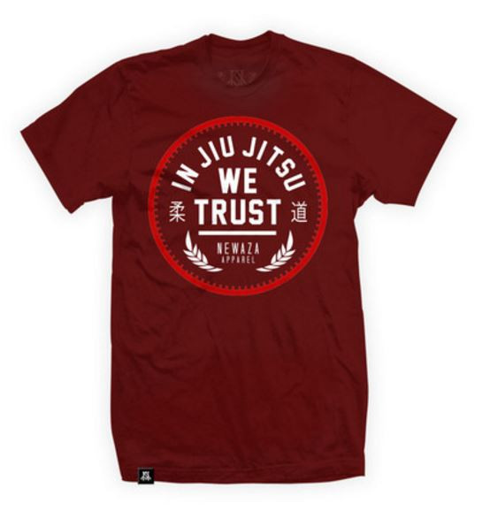 Newaza Apparel In Jiu Jitsu We Trust Red on Maroon.  From the Red October Collection.  Available at www.thejiujitsushop.com

Enjoy Free Shipping from The Jiu JItsu Shop today!