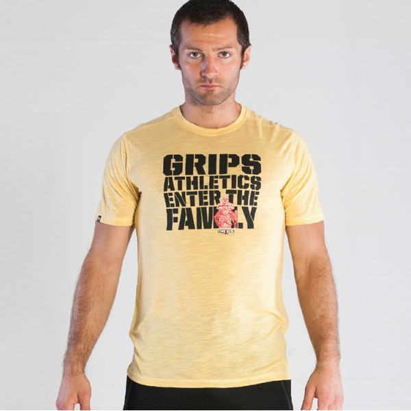 Grips Enter the family Yellow Tshirt @ www.thejiujitsushop.com