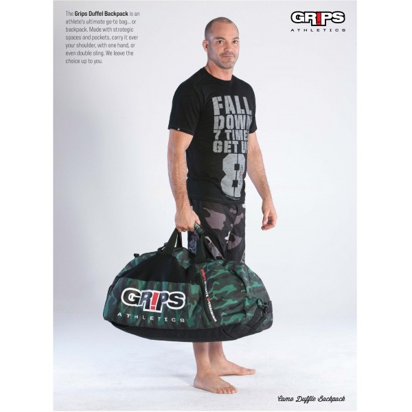 Grips Athletics Duffle Backpack Camo - convertible duffle bag backpack.  Free shipping with www.thejiujitsushop.com carrying bag