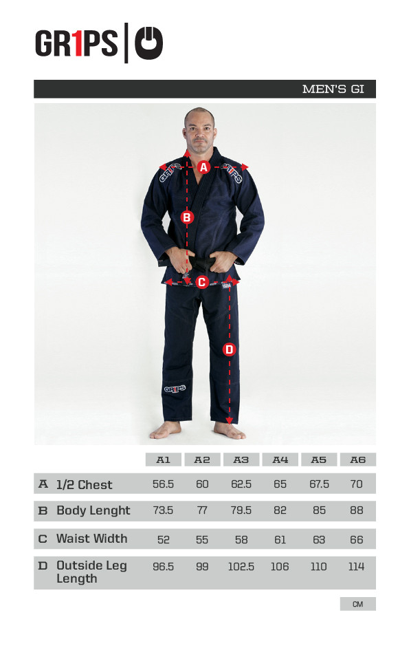 Grips Primero 3.0 Black gi Sizing Chart at www.thejiujitsushop.com The Jiu Jitsu Shop for all your jiu jitsu needs.
