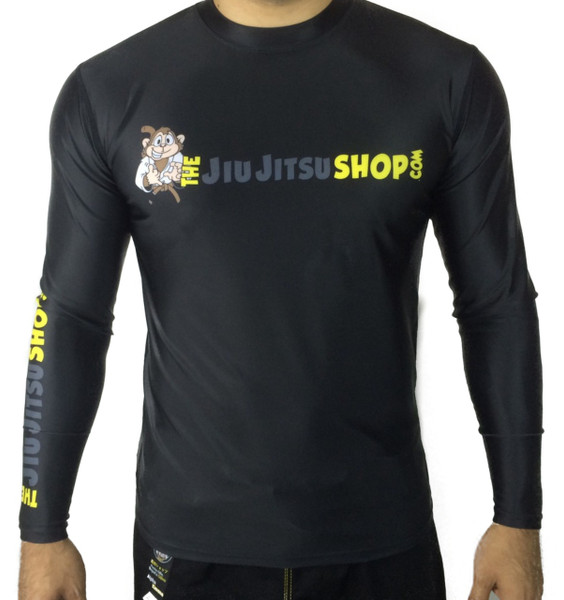 The Jiu Jitsu Shop's "Essentials" Long Sleeve Rashguard, featuring our buddy Rocky the Monkey. Exclusively at www.thejiujitsushop.com. Free domestic shipping storewide.