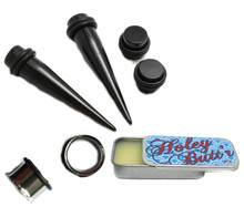 3 Pairs of Black Tapers 316l Steel Tunnels and Black Plugs Plus Holey Butt'r Ear Stretching Kit Gauges Gauging Plugs 14g-1 Inch