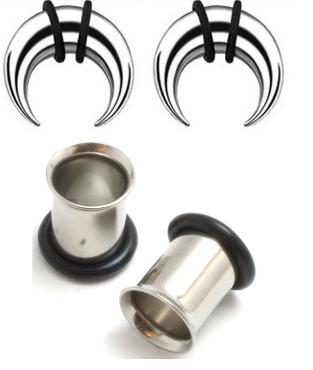 2 Pairs Steel Ear Plugs Tunnels Tapers Pinchers Horseshoes Gauges 0g 2g 4g  6g 8g 10g 12g 14g - Zaya Body Jewelry
