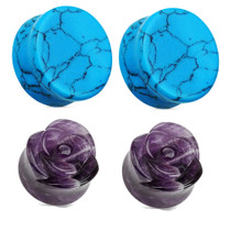 2 Pair Amethyst Rose Turquoise Organic Stone Plugs Ear Gauges 00g 0g 2g 1/2 inch