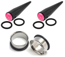 00g 7/16" 1/2" Pink Gem Tapers and 316L Steel Tunnels Ear Stretching Kit gauges
