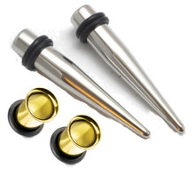 2 Pairs Gold Tunnels Steel Tapers plugs ear gauges kit 1g 0g 00g 7mm 8mm 10mm